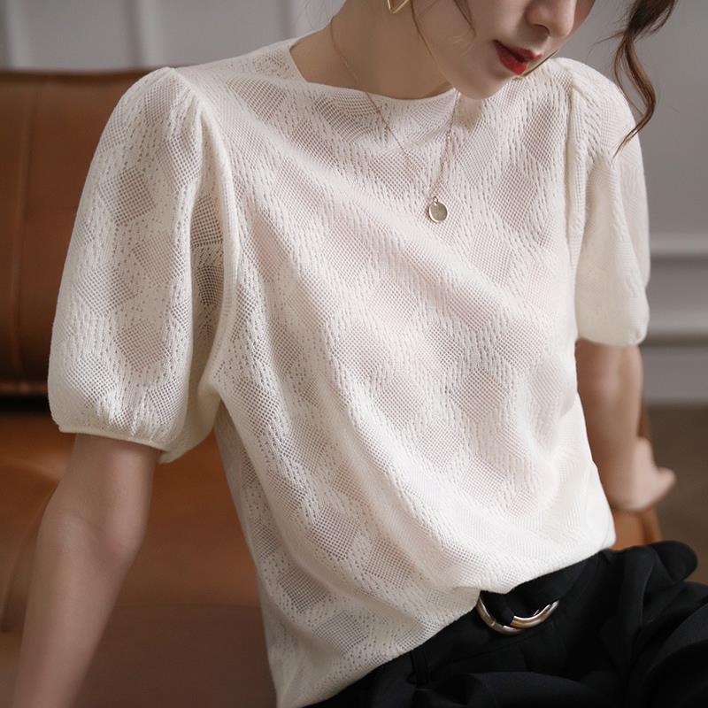 Black T-shirt Women's Design Sense Niche French Puff Sleeve Vintage Thin Hollow Knitted Short-sleeved Top for Summer