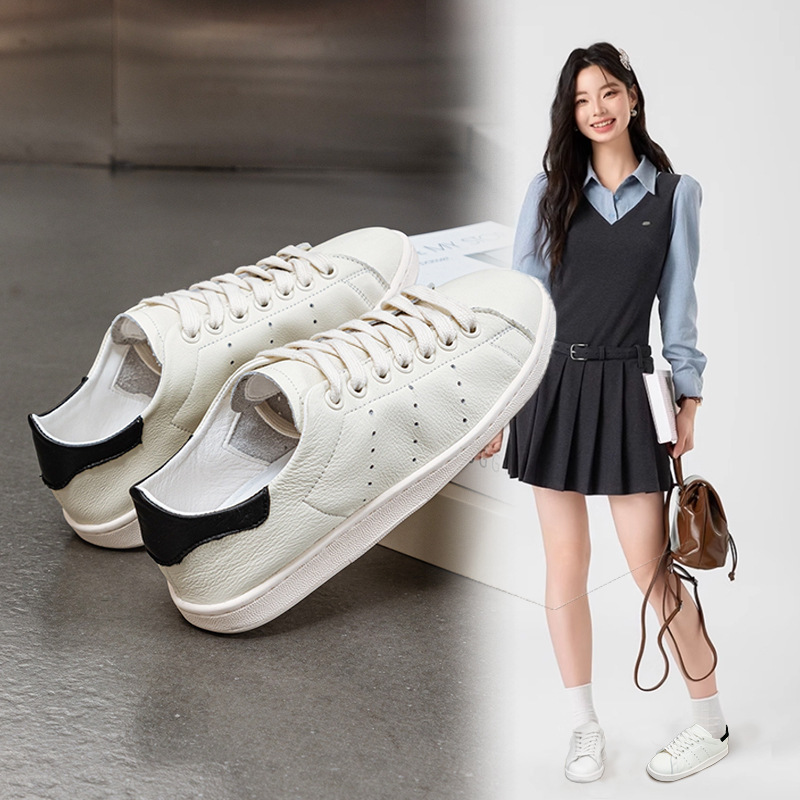 Genuine Leather White Shoes, Retro First-Layer Cowhide Women's Shoes, Paris Co-Branded Color-Blocked Flats-Soled Breathable Niche Casual Shoes