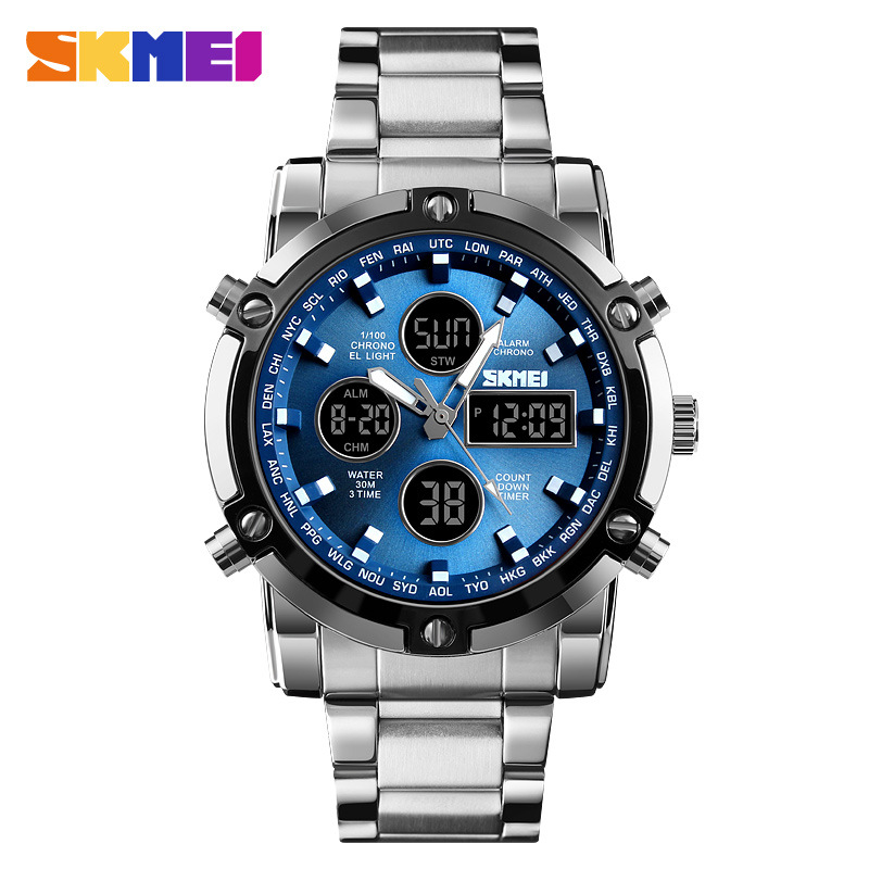 SKMEI multi-funcional correa de acero impermeable reloj de los hombres de doble sincronización luminosa deportes reloj electrónico 1389