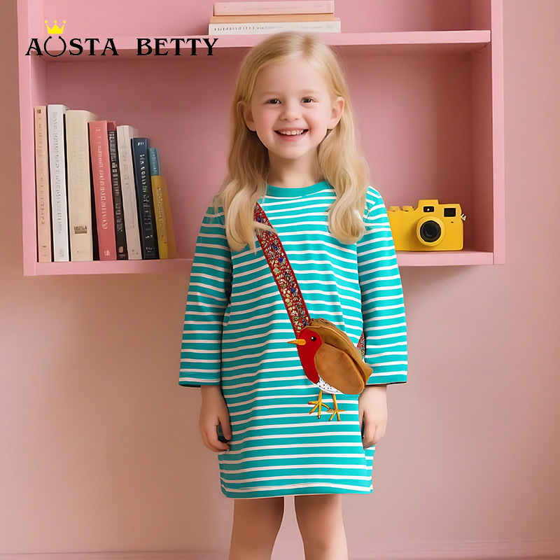 2026 Autumn New Style Girls' Dress, European and American Style, Fashionable Striped Round Neck Long Sleeve Children's Dress, Cross-border Supply