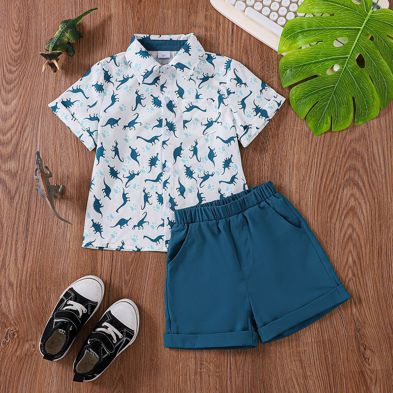 Foreign trade dinosaur shirt suit short sleeve shorts under full print dinosaur shirt suit yellow green solid color summer