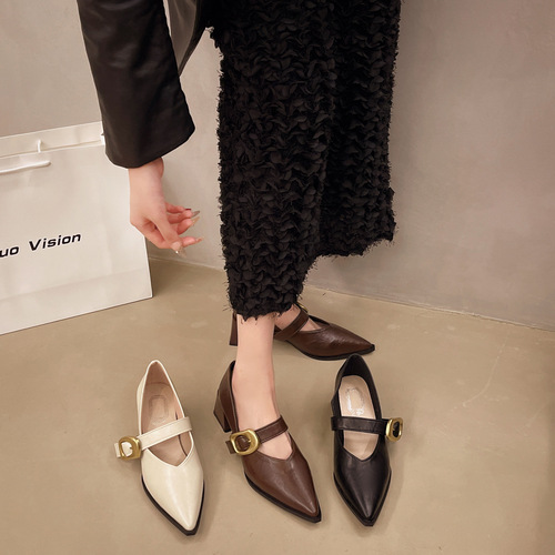 2024 New French Retro Small Leather Shoes for Women, Large Size, Unique Design, Minority Pointed Toe Mary Jane Shoes for Girls