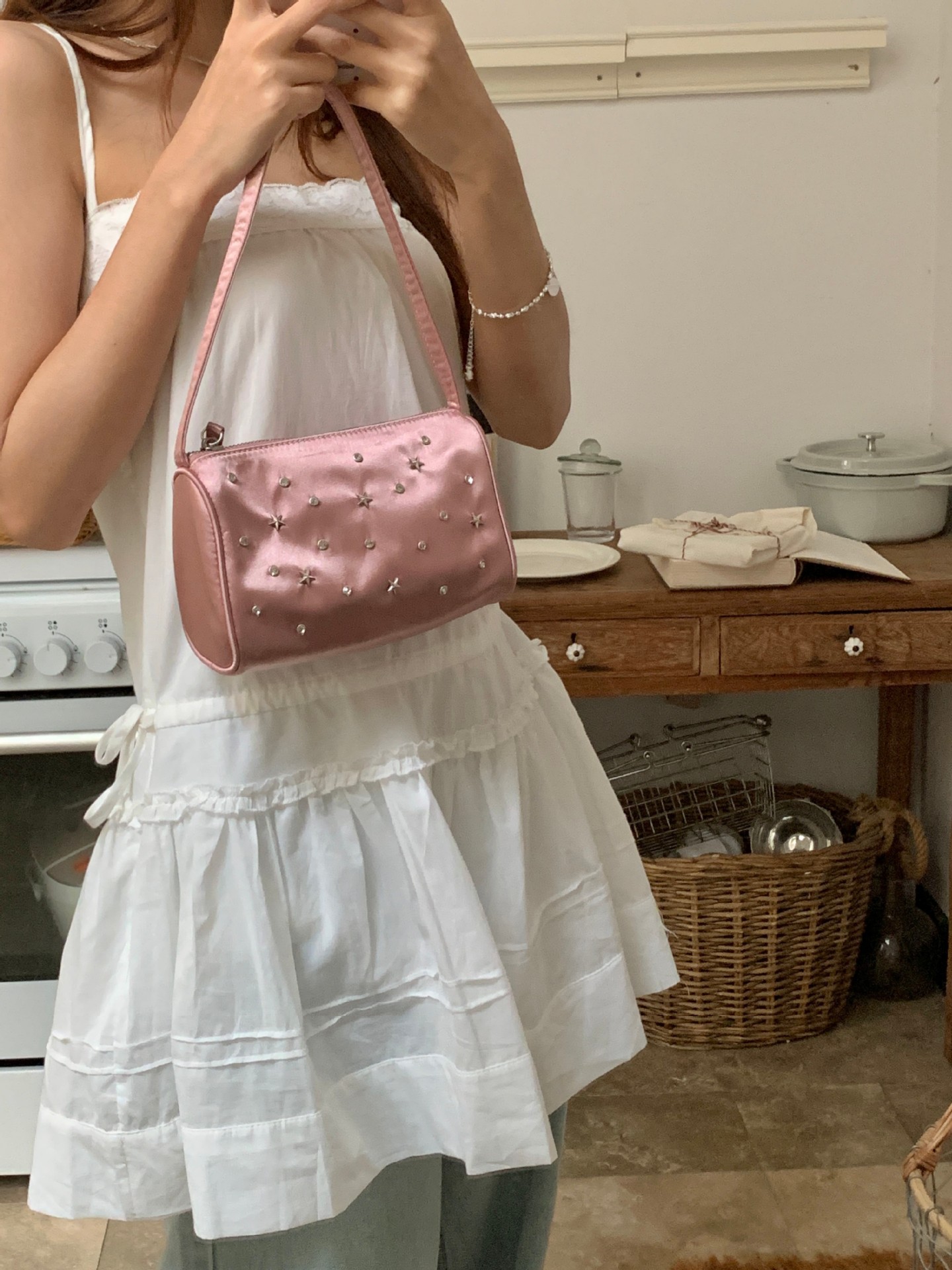 Rhinestone Star Embellished Silk Zip Shoulder Bag 12