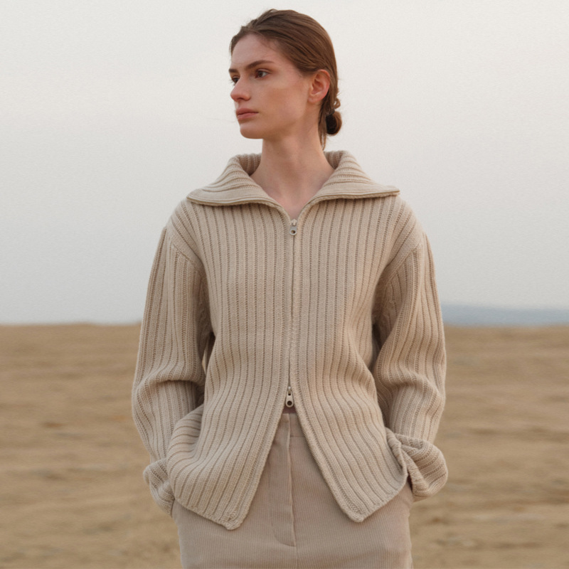 In-Stock Moia Double-Zip Sweater Cardigan for Women, 2024 Spring and Autumn New Korean Style Thickened Lazy Style Wool Sweater
