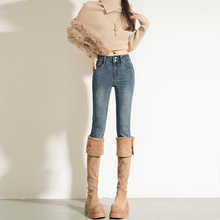 爆款辣妹风加绒小脚裤女显瘦高弹力紧身牛仔裤秋冬款时尚铅笔裤子