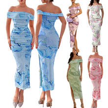 亚马逊爆款女装跨境外贸欧美性感开叉修身包臀印花连衣裙褶皱长裙