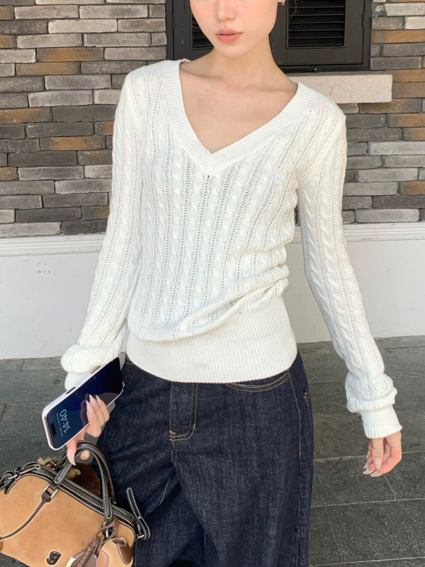 复古V领麻花条纹慵懒感毛衣女秋宽松情侣针织衣潮|undefined