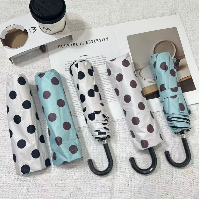 Korean-Style Polka Dot Leather Small Curved Hook Folding Umbrella, Portable 8-Rib Rainproof and Sunshade Umbrella, Exquisite Manual Umbrella for Women, Promotional Umbrella
