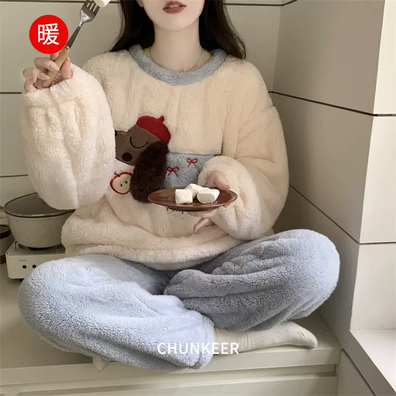 长毛绒女士睡衣冬季新款套头圆领加绒加厚家居服套装可外穿秋冬款