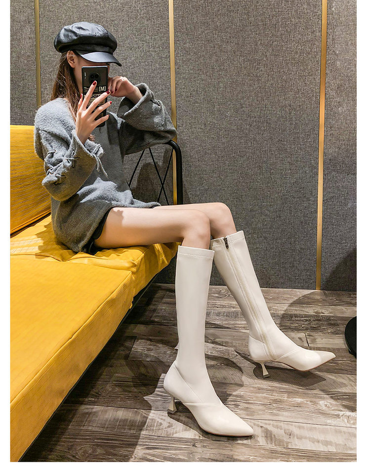 Bốt cao cổ nữ gót nhọn 6–8 cm kiểu kỵ sĩ khóa kéo bên, mũi nhọn — Màu nâu, Màu trắng, Màu đen, Màu trắng lót nhung chi tiết 9
