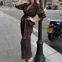 2025秋季速卖通跨境欧美时尚通勤风修身翻领套装长袖小西装裙套装