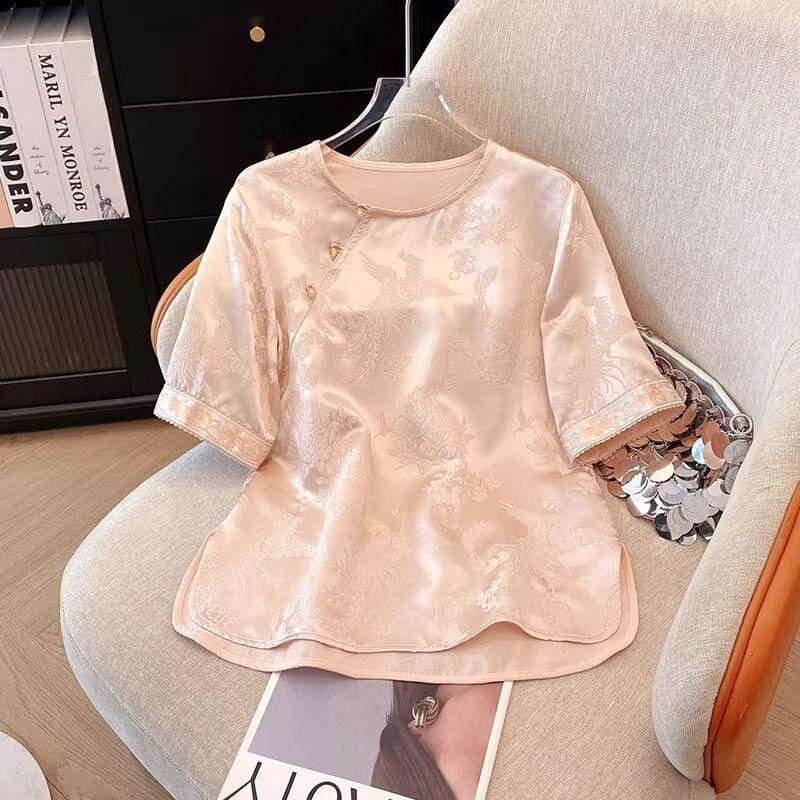 Chinese-Style Round-Neck Versatile High-End Sweet Embroidered Shirt 2026 Summer Style T-Shirt National Style Short-Sleeve Top Versatile