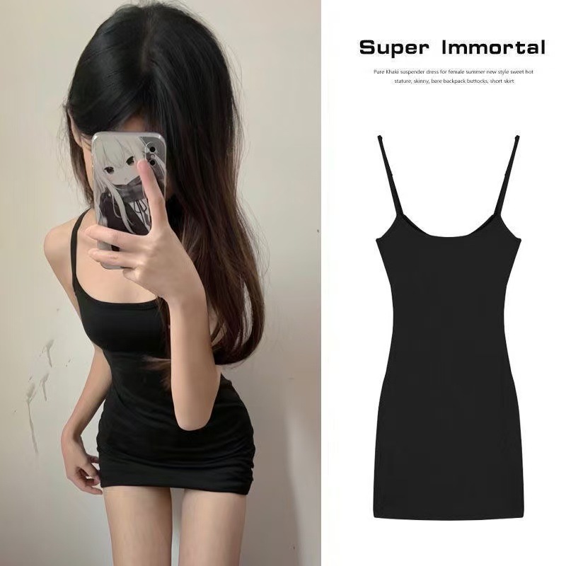 Pure Desire Spaghetti Strap Short Dress, Slim Fit Black Sleepwear for Petite Women — detail image 4