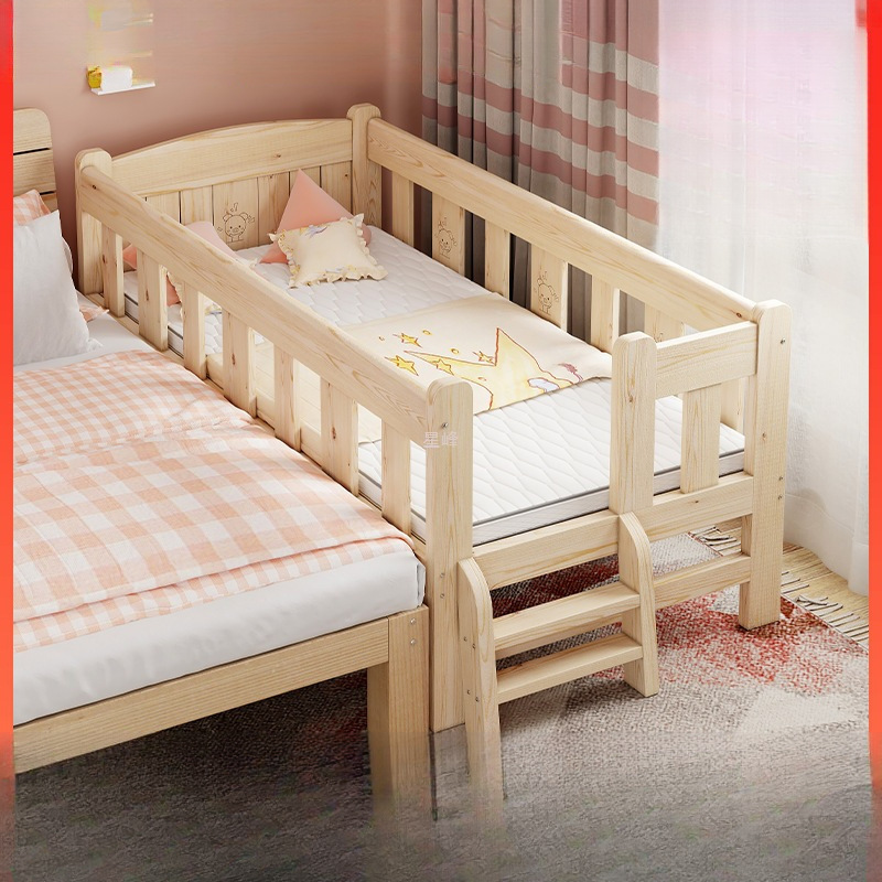Children's Spliced ​​Bed with Wide Guardrails Solid Wood Bed for Boys and Girls Kidsren's Bed Single Bed Crib Spliced ​​Large Bed