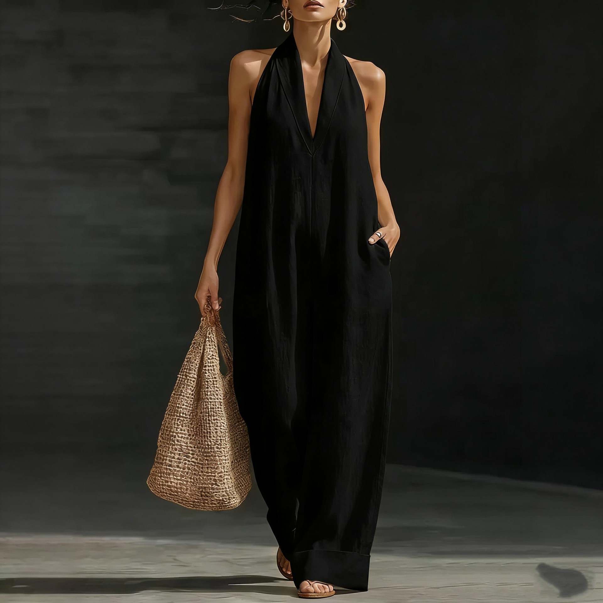 Summer Casual Solid Color Women's Jumpsuit Sleeveless V Neck_ecoleips.com