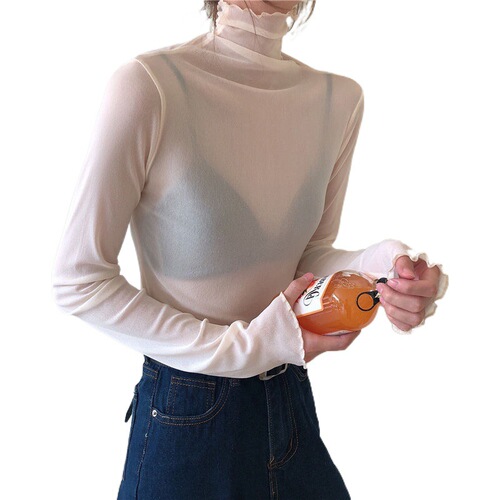 Women's Summer Thin Long Sleeve Lace Camisole Top with High Collar, Mesh Bodysuit, White with Mushroom Edge T-Shirt