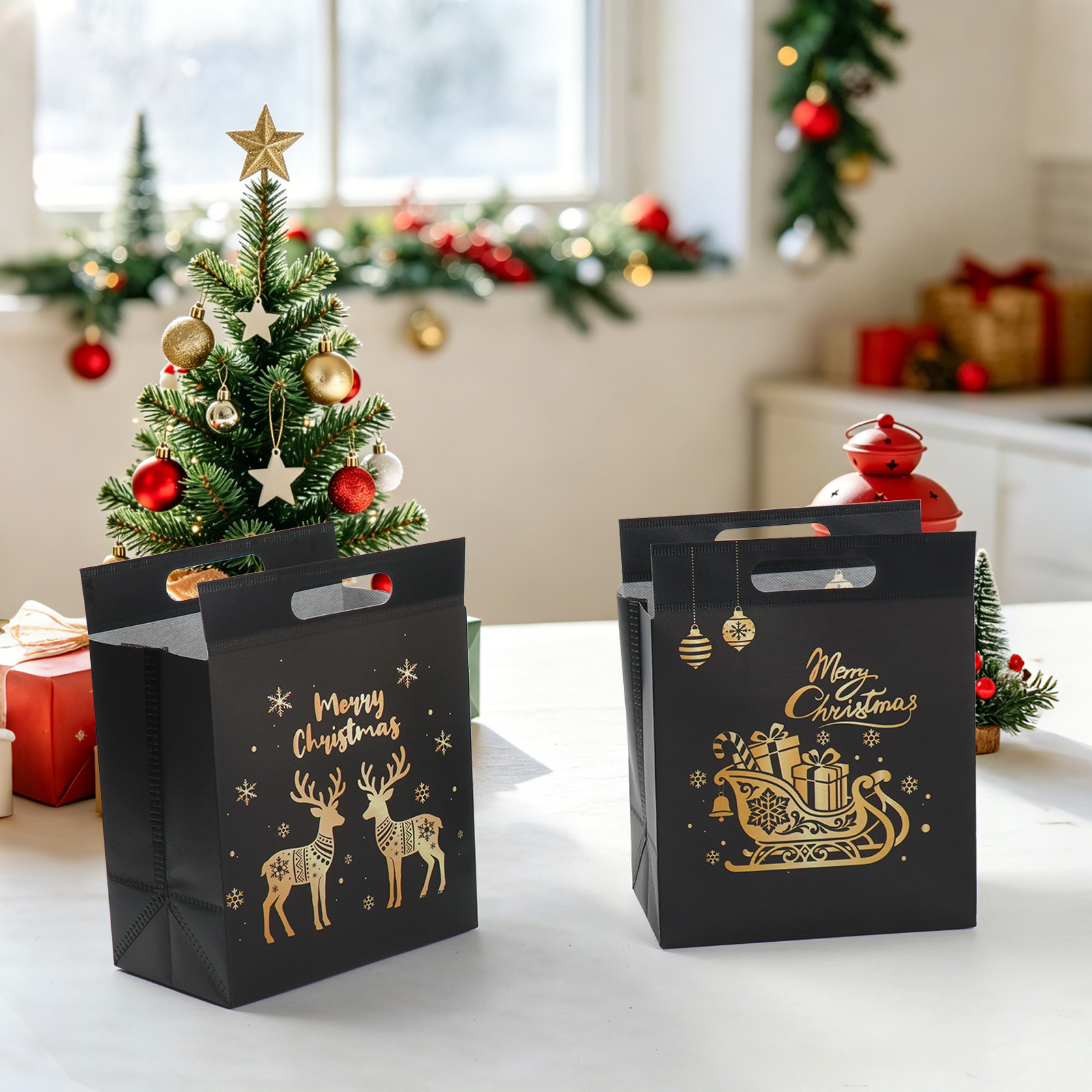 Bolsas de Navidad negras personalizadas bolsas de regalo de acompañantes de negocios embalaje de fiesta bolsas de tela al por mayor
