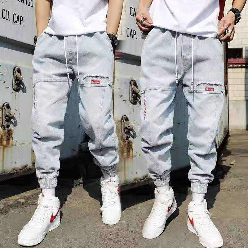 Korean style workwear jeans men's trendy light color hip hop pants loose ankle-tied pants youth skinny harem pants men