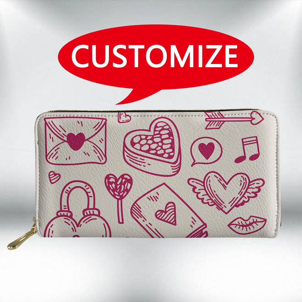 Billetera de mano para mujer de PU con temática de San Valentín, cartera de cuero con cremallera y monedero, suministro directo de fábrica.