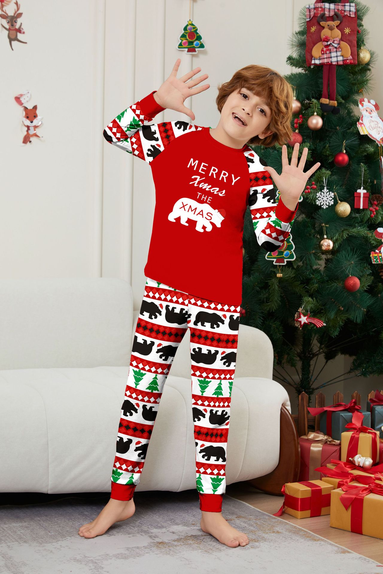 Christmas tree Bear letter stripes Christmas family dress printed home wear_voghion.com