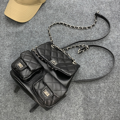 Chic and Stylish Women's Small Backpack with Vintage Chain and Herringbone Design, Double Shoulder Bag for Women, Simple and Trendy Fashion Bag