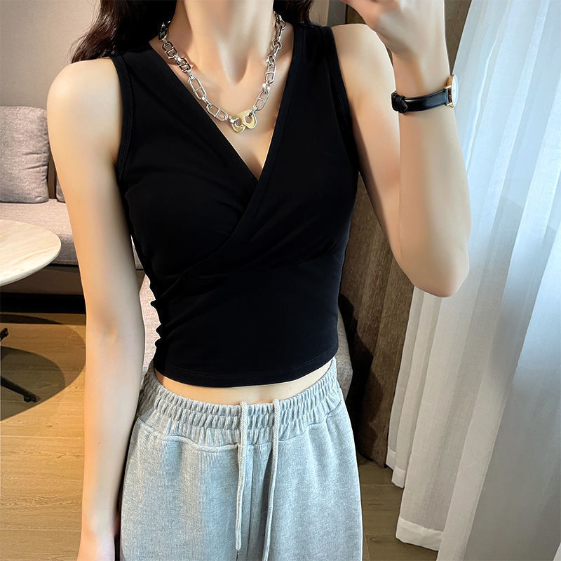 Black Camisole Women's Pure Cotton Summer Short V-neck Slim-fit Cyber Celebrity T-shirt Design Sense Niche Top ins Trendy