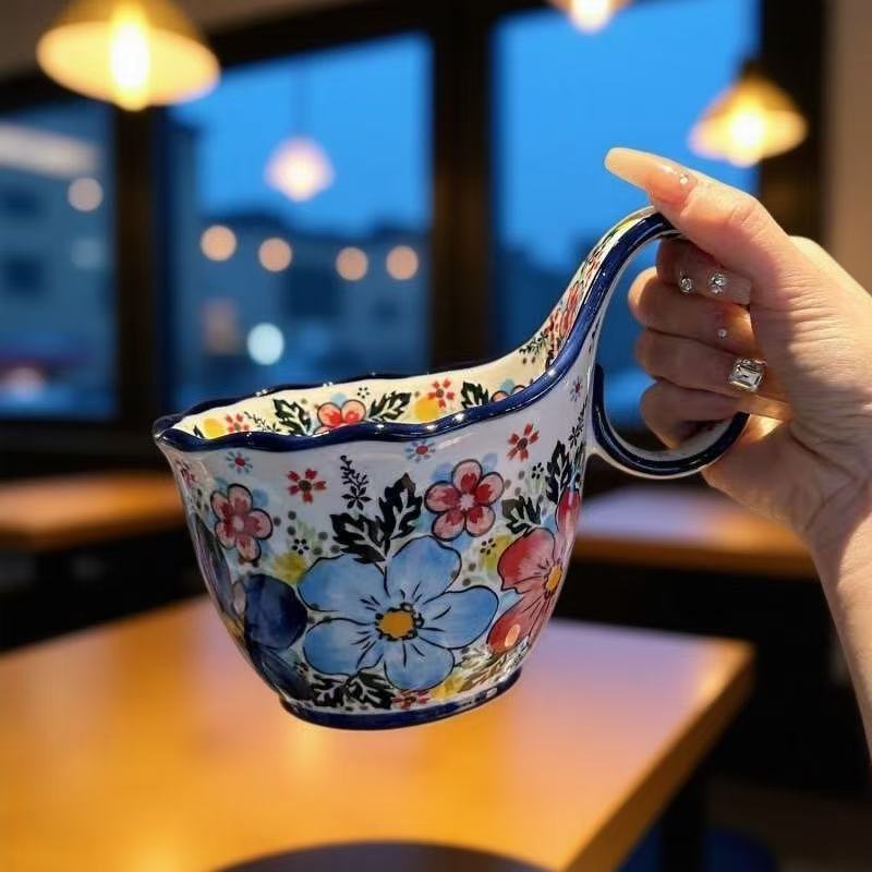 Polish hand-painted underglaze ceramic large-capacity curved handle cup 450ML, vintage high-value couple's style