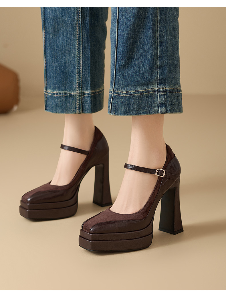 Giày Mary Jane nữ mũi vuông gót vuông đế platform cao 9 cm, da thật, quai ngang có khóa — màu nâu, màu đen chi tiết 1