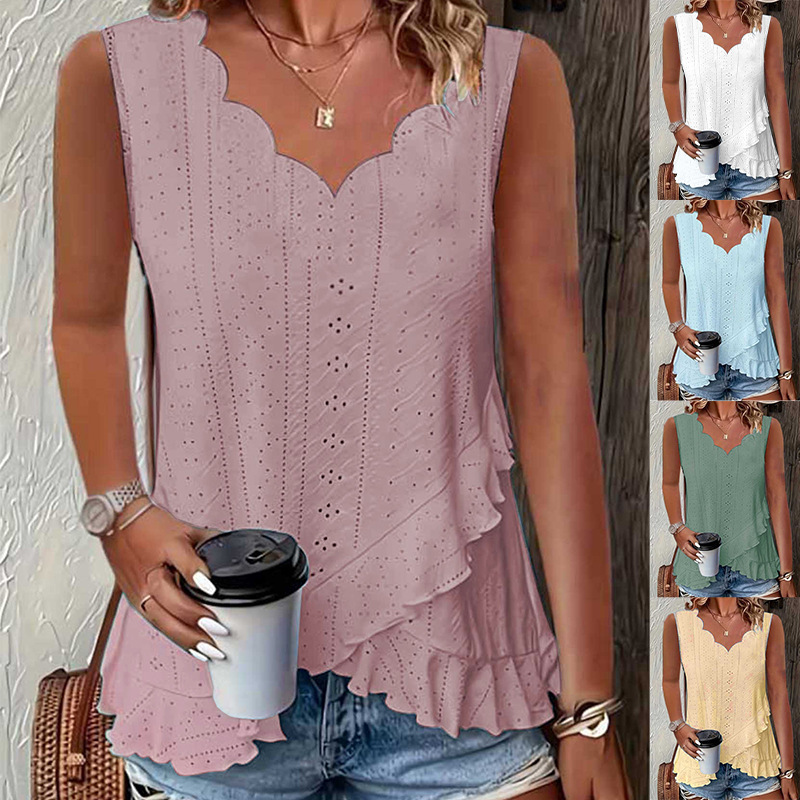 2025 European and American Temu Cross-Border Wish Women's Summer New Casual Pure Color Jacquard Scallop Edge V Neck T-Shirt