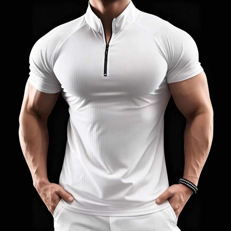 European Size Men's Summer Casual Half-Zip Short-Sleeve Shirt - Ribbed Breathable Stretch Fabric European Size Men's Summer Casual Half-Zip Short-Sleeve Shirt - Ribbed Breathable Stretch Fabric