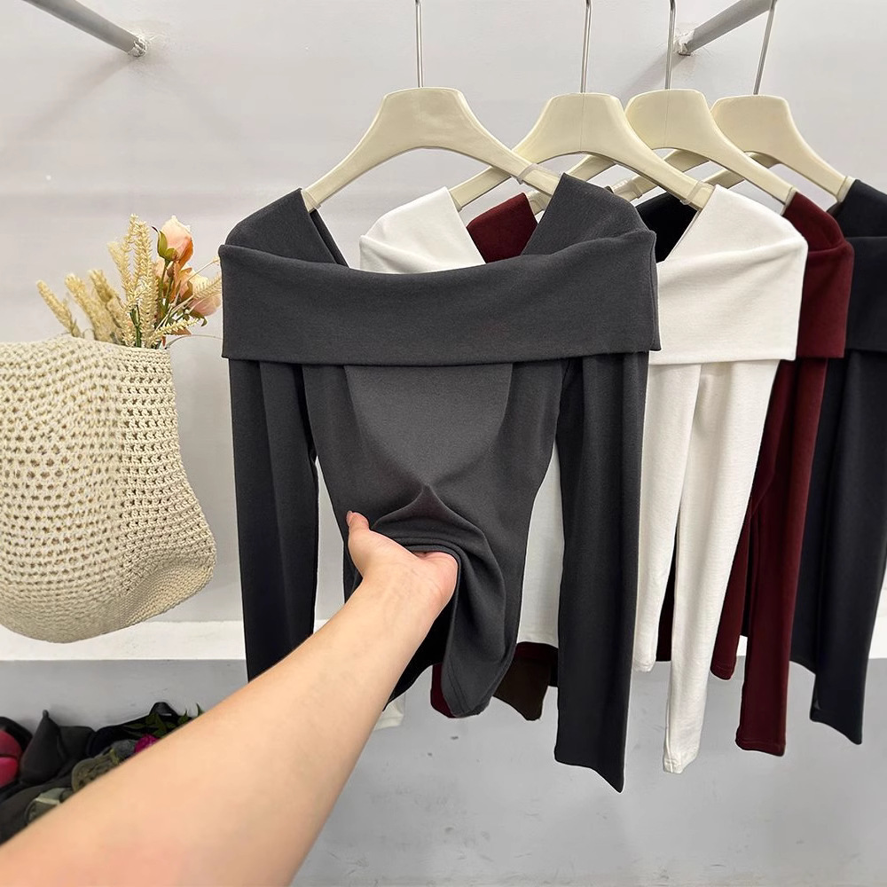 2024欧货新款一字肩长袖女t恤秋打底衫内搭修身气质弹力上衣外穿