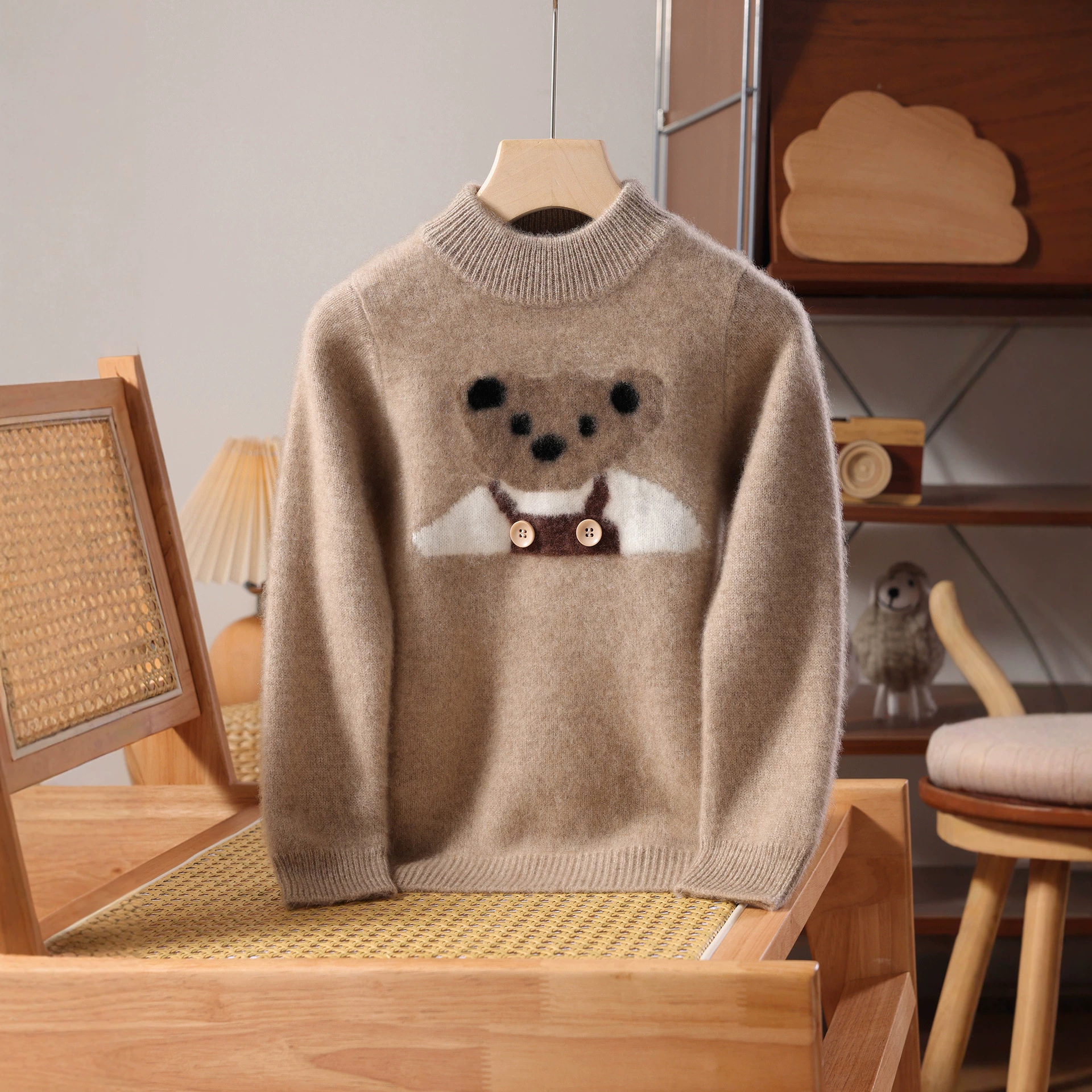 Children's cartoon bear turtleneck wool sweater, boys and girls, autumn and winter thick sweater, cute baby bear overalls knitted sweater