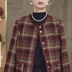 一件代发2025秋季新款时尚圆领气质长袖格子小香风韩版短袖外套女
