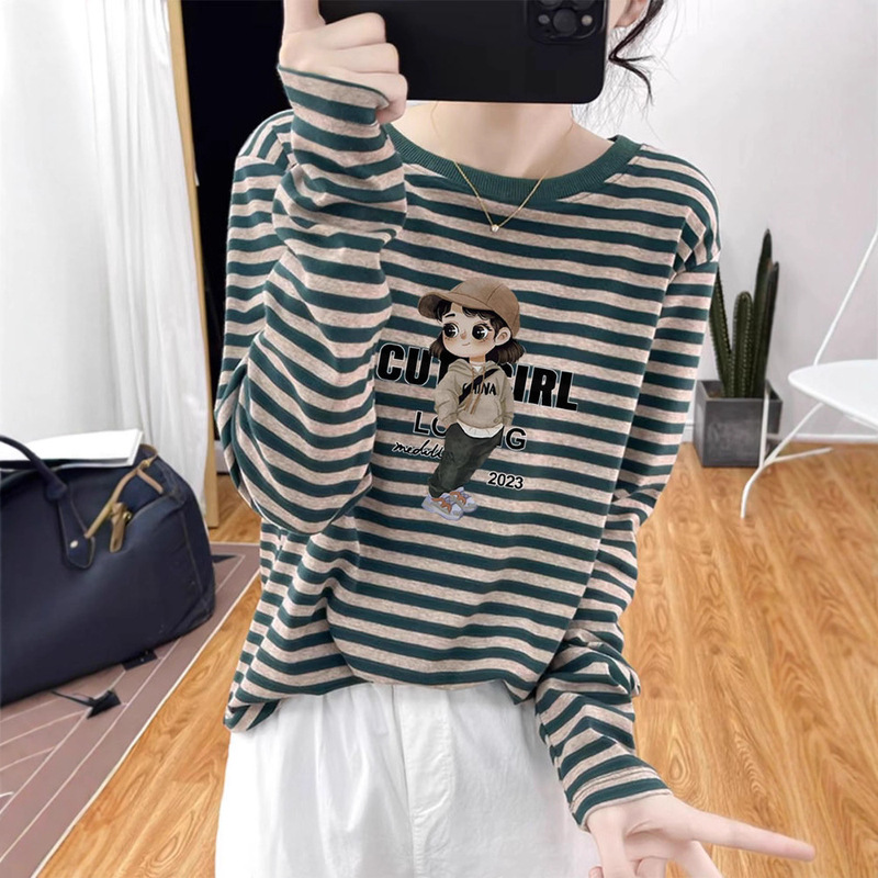 Striped Design Pure Cotton Long-Sleeved T-Shirt Women's Korean Style Fashionable Versatile Top Bottoming Shirt 2025 New Autumn and Winter