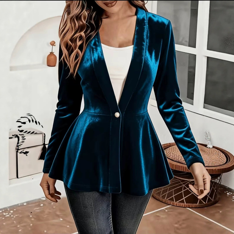 European and American style velvet blazer with a cinched waist and ruffled hem, slimming V-neck, single-button, long-sleeved top, cross-border women's clothing