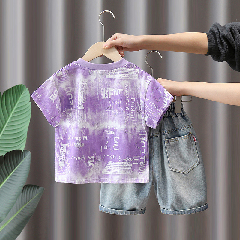 7277 Traje de camiseta de manga corta para niños 2025 nueva ropa delgada de verano para niños, traje de verano de dos piezas de verano