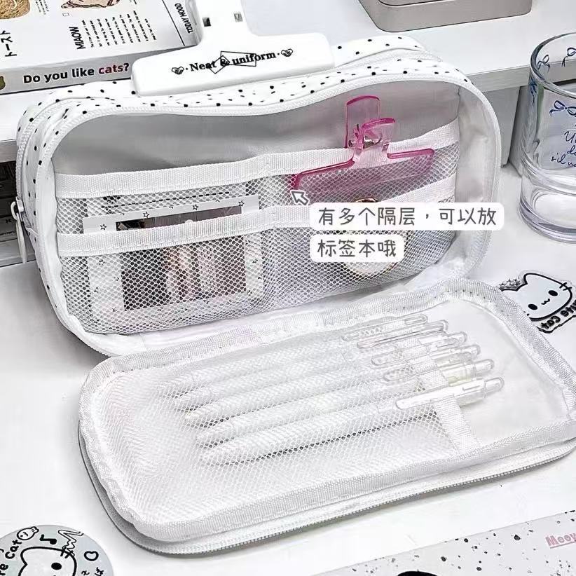 ins少女心蓝色音乐波点小猫多层痛包笔袋大容量铅笔文具袋收纳袋