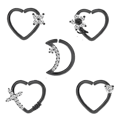 Elegant European and American creative piercing earrings with zirconia and diamonds, heart-shaped moon nose ring, nose ornament piercing jewelry set