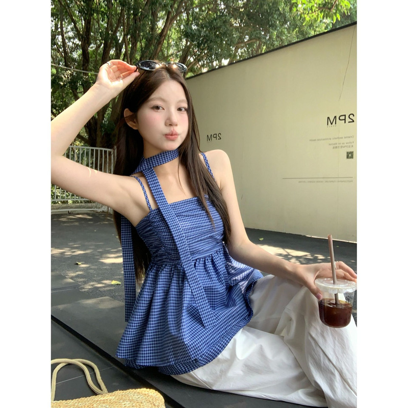 2025 New Summer Korean Style Slimming Look Sweet and Spicy Halterneck Blue Plaid Versatile Camisole Top Women's Chic 2025 New Summer Korean Style Slimming Look Sweet and Spicy Halterneck Blue Plaid Versatile Camisole Top Women's Chic
