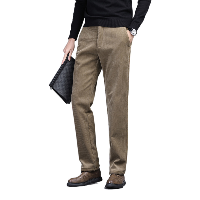 Pantalones casuales de negocios ligeros de pana de alta calidad pantalones de traje de otoño e invierno para hombres pantalones de hombre forrados de lana engrosados de mediana edad y ancianos