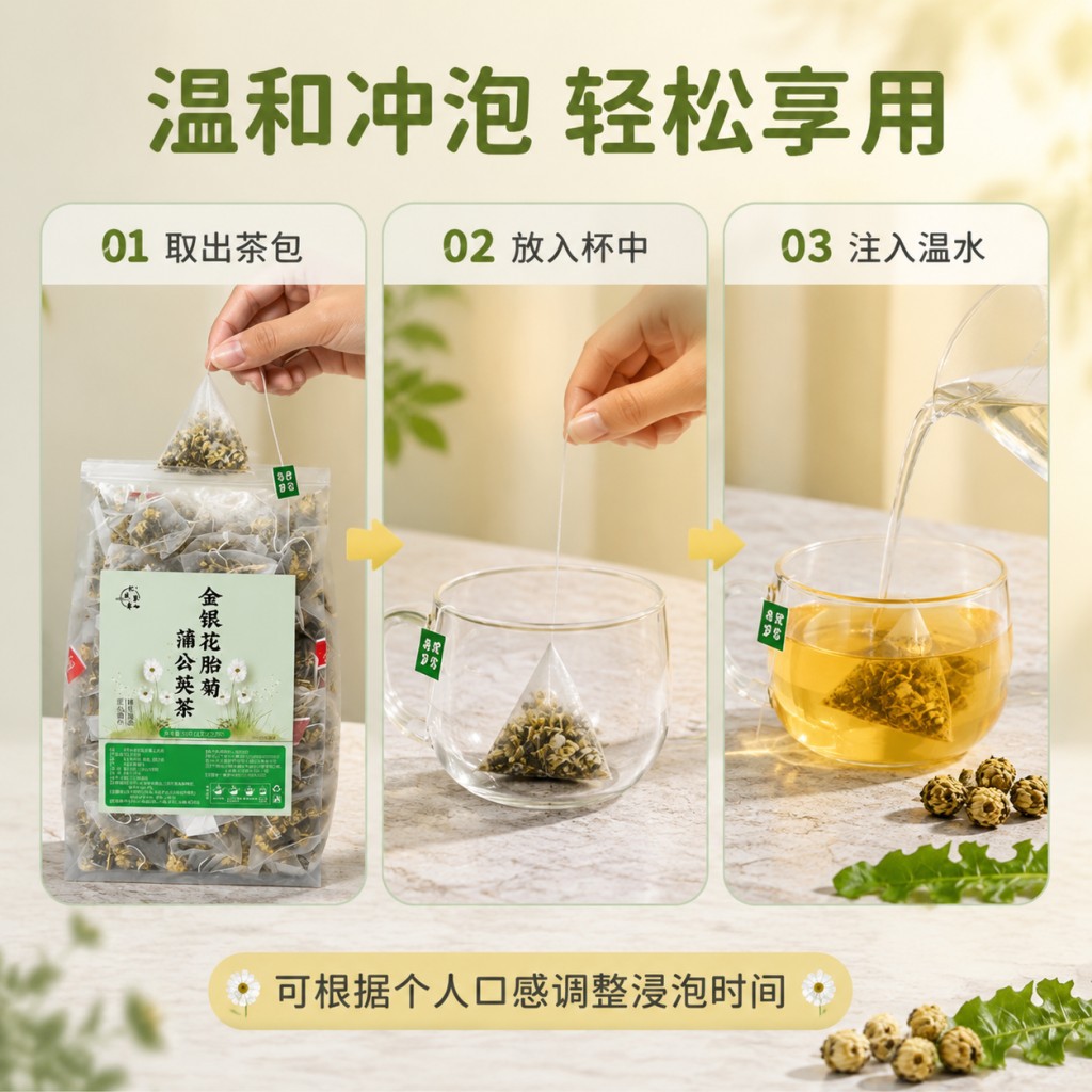 Honeysuckle Chrysanthemum Jasmine Herbal Tea Bags 50g 25 Pyramid Sachets Sugar Free Hot Brew in use