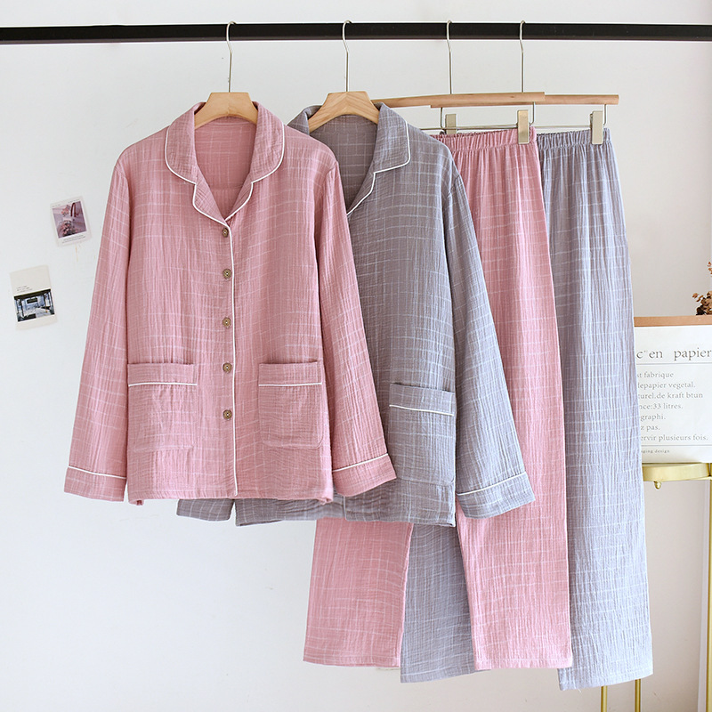 Women's Plaid Cotton Gauze Pajamas Double-Layer Pure Cotton Gauze Breathable Casual Long-Sleeve Homewear Set Couple Matching Style