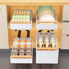 Home storage and organization multi-functional pull-out storage basket for dishes and bottles in cabinets under the sink with nano-adhesive stickers