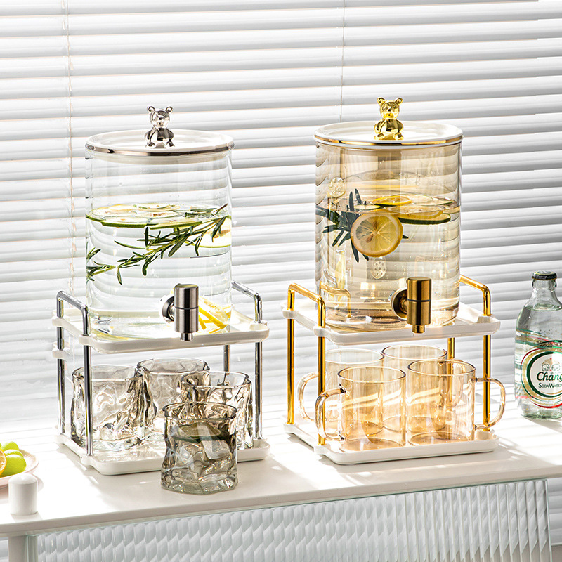 轻奢冷水壶带龙头小熊玻璃大容量凉水壶水壶套可乐饮料桶客厅家用