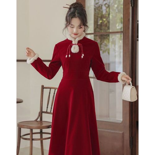 红色旗袍新中式敬酒服新娘结婚订婚礼服红色连衣裙平时可穿秋冬季