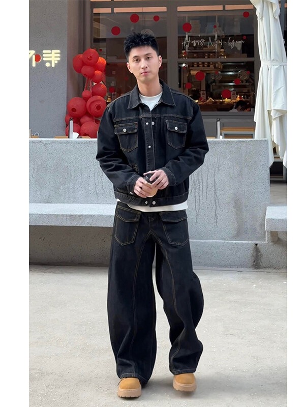 2026 New Early Autumn Men's Outfit: American-style original color denim work jacket paired with jeans as a complete set 2026 New Early Autumn Men's Outfit: American-style original color denim work jacket paired with jeans as a complete set