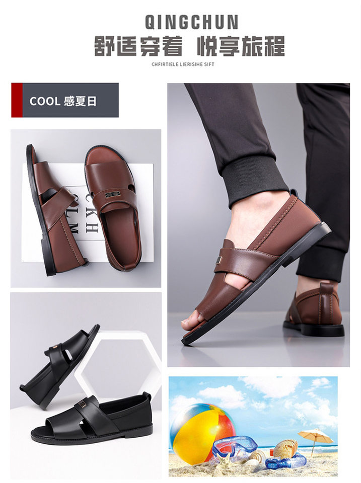 Dép sandal nam quai ngang kiểu La Mã da mềm chống trượt, hở ngón đi biển — Màu nâu , Đen chi tiết 5
