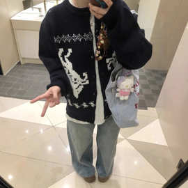 秋冬美式复古费尔岛提花针织开衫男女休闲宽松加厚毛衣外套图片色