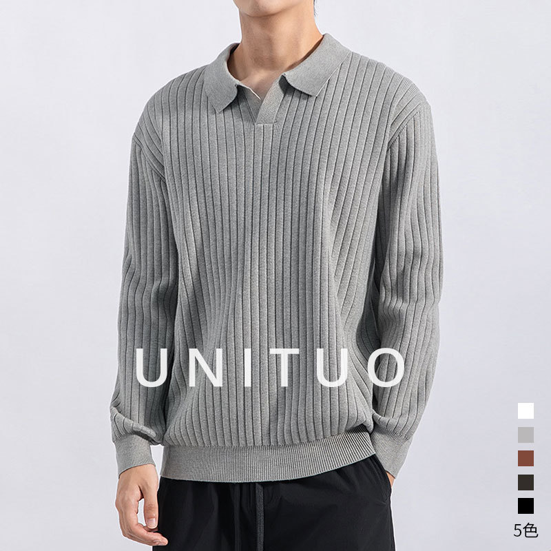 Men's Autumn and Winter New Seagull Collar Polo Knitwear Knitwear Accessible Luxury High-End Slim Lapel Stripesd T-Shirt for Men