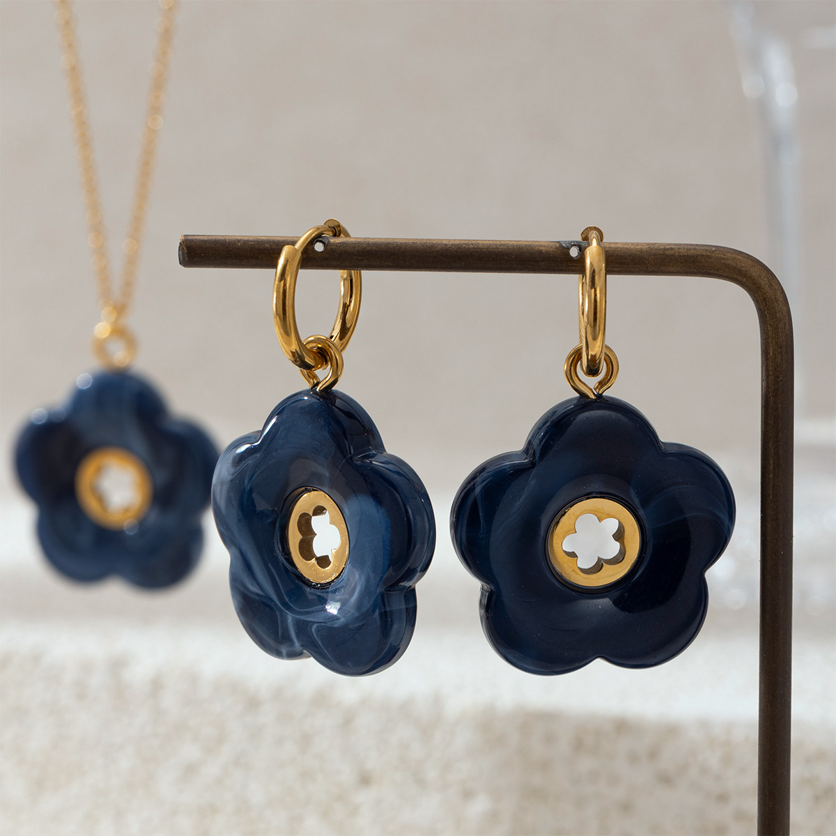 Tina acero inoxidable azul oscuro acrílico collar auriculares anillo conjunto de mujeres no se desvanecen joyas